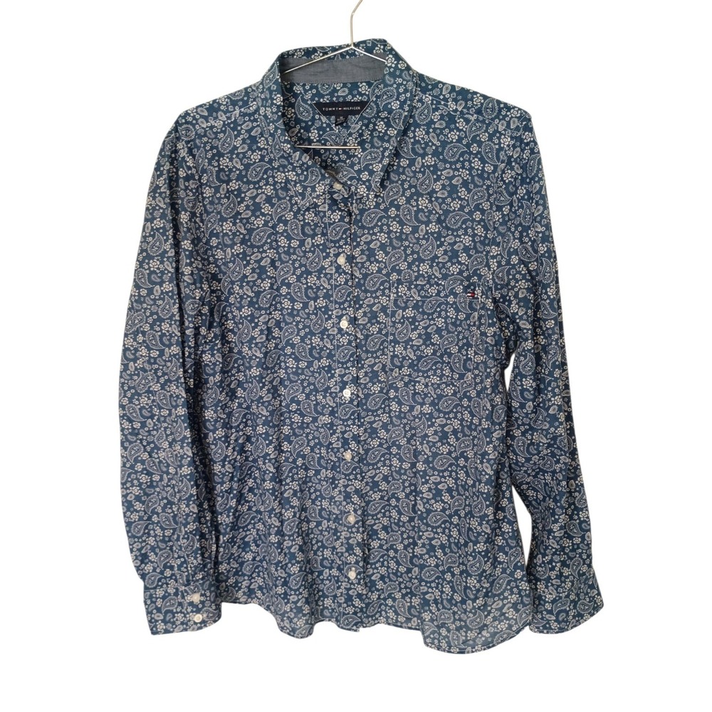 Tommy Hilfiger Womens Navy Blue Paisley Floral Roll Tab Button Down Shirt XL